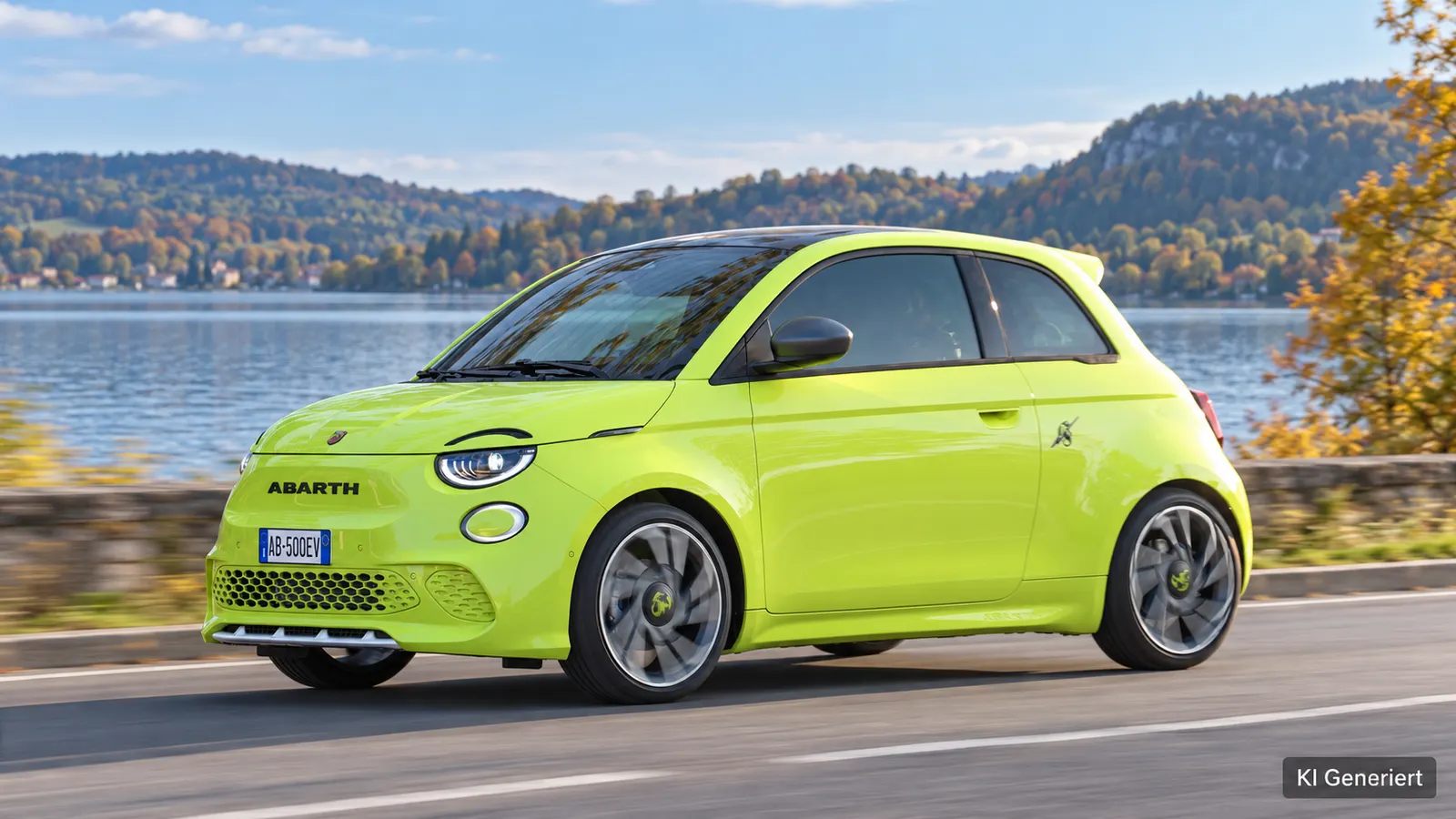 KI-bearbeitete Illustration eines grünen Abarth 500e Turismo Hatchback auf einer Straße an einem See