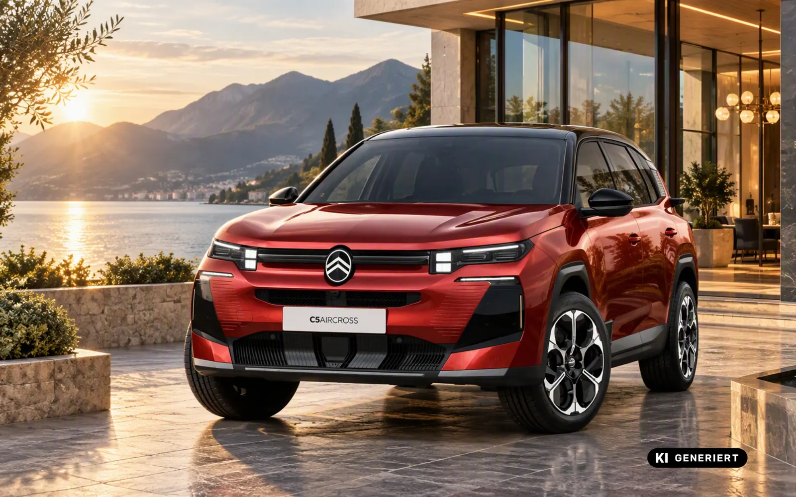 KI-generierte Herstellerillustration: roter Citroën C5 Aircross Prime vor einem Haus am See