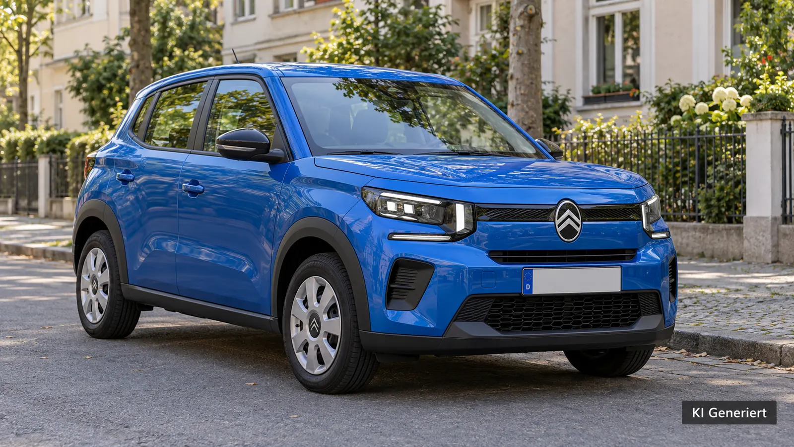 KI-generierte Illustration eines blauen Citroën ë-C3 in einer Wohnstraße