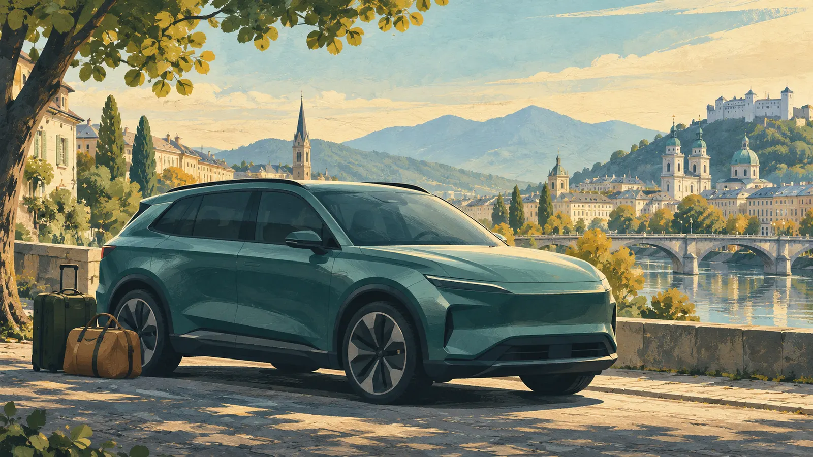 KI-generierte Illustration eines neutralen elektrischen Familien-SUV vor europäischer Stadtkulisse; keine Darstellung des XPENG L05
