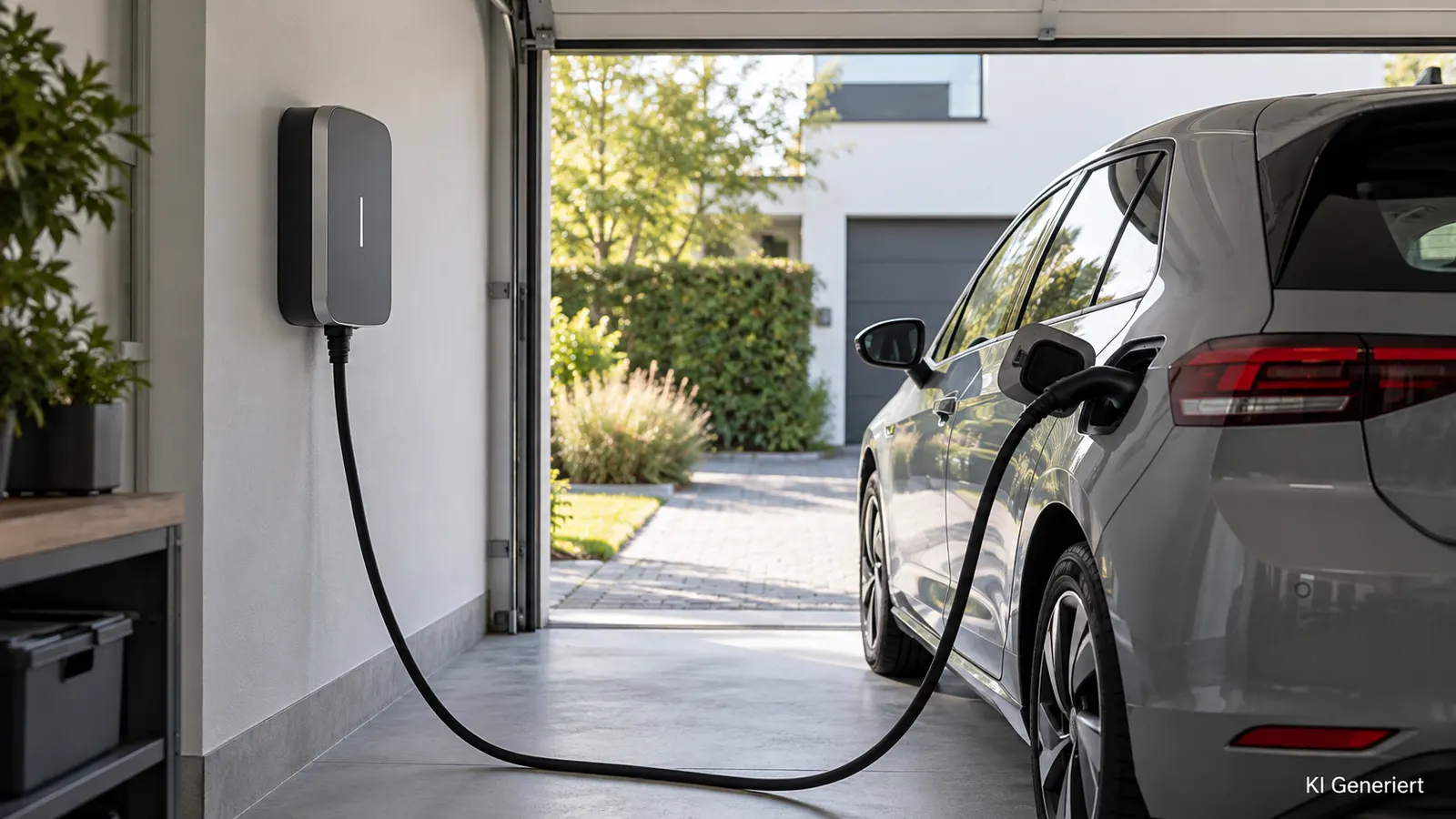 Elektroauto lädt an einer Wallbox in einer privaten Garage – KI-generiertes Symbolbild
