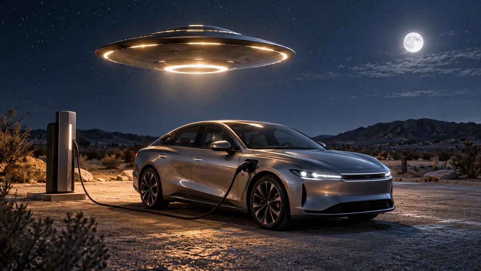 Symbolbild: Elektroauto Volt wird beim Super Bowl von Aliens bewundert
